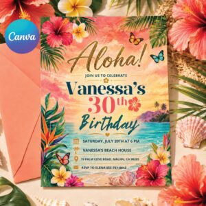 Aloha party invitation, Luau birthday, printable editable girl invite template, Pineapple invitation, Tropical Aloha 30th party, Canva