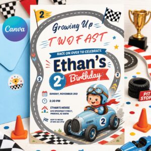 Two Fast Birthday Invite, Retro Race Car Invitation, Race Car Invite Boy, Red Race Car Invite, Racing Flags Invite, Racing Party Invitation