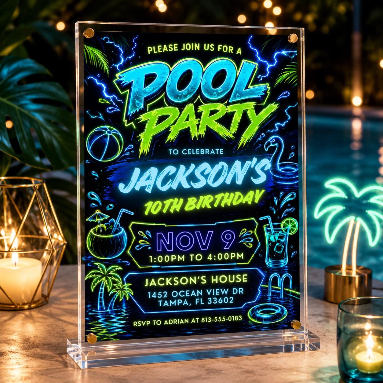 Editable Pool Party Birthday Invitation, Neon Glow Swim Invite for Boys Blue Green, Neon Pool Party Invitation, Editable Canva Template - Image 3