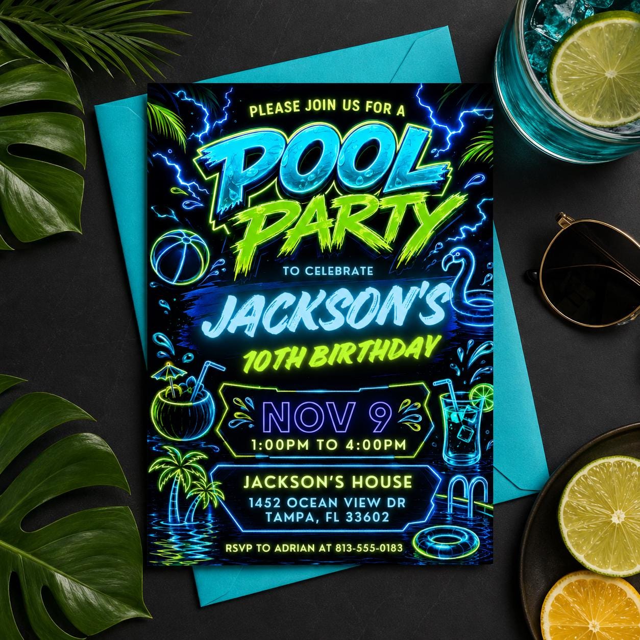Editable Pool Party Birthday Invitation, Neon Glow Swim Invite for Boys Blue Green, Neon Pool Party Invitation, Editable Canva Template - Image 5