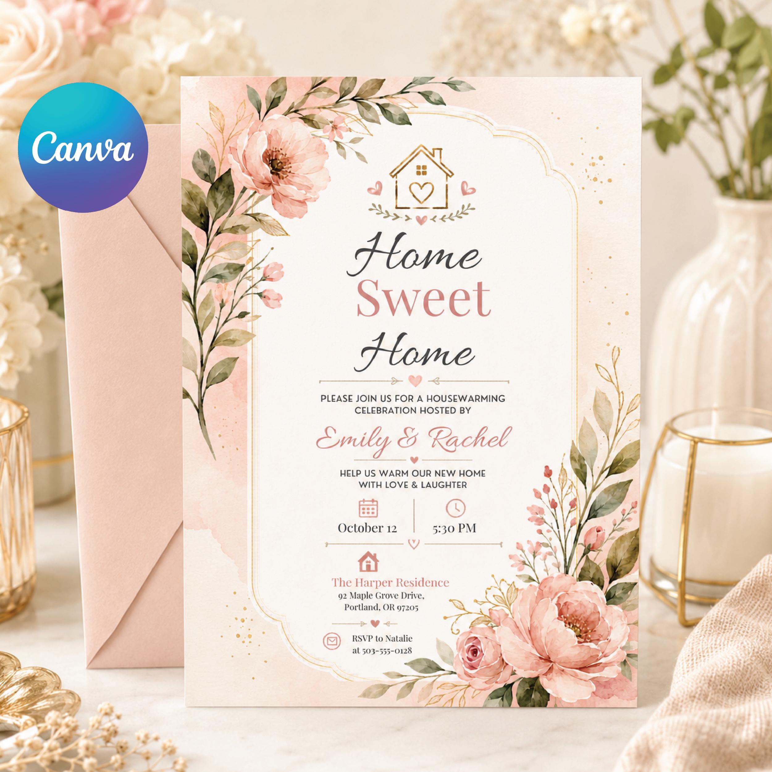Housewarming Party Invitation, Housewarming Party Invitation Template, New Home Celebration, Red Door Illustration, Editable Canva Invite