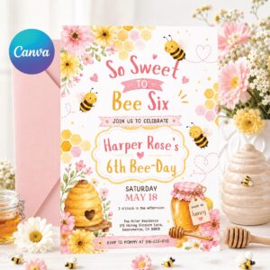 Sweet to Bee SIX 6th Birthday Invitation, Bee Invitation 1st Birthday Buzz On Over, So Sweet, Bee One, Little Honey, Party Invitation, Canva