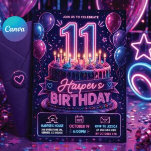 Neon Blue 11th Birthday Invitation, Glow Party Canva Template, Glow Party for Girls, Editable Printable Birthday Party Invite, Canva