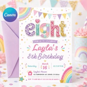 Pink Purple 8th Birthday Invitation, Rainbow Glitter Girl Birthday Party Invitation, Eight Glitter Birthday Girl Invitation, Editable Canva