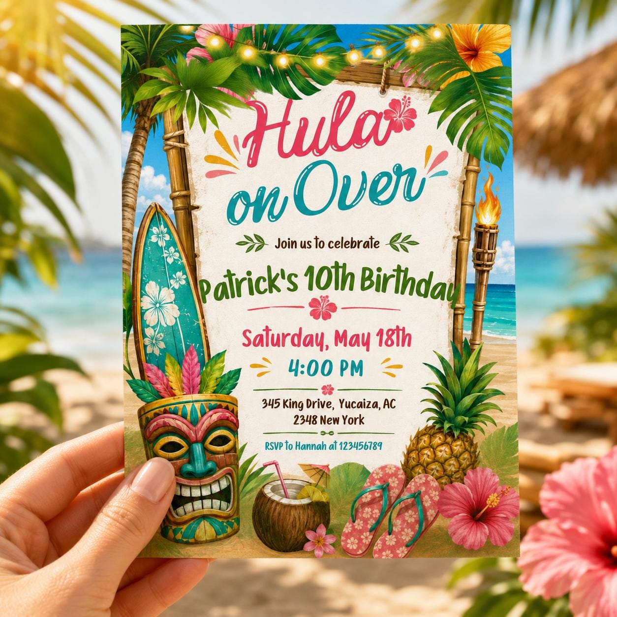 Hula On Over Birthday Invitation, Colorful Tropical LUAU Party Invite, Hawaiian theme, Aloha party invitation, Editable Canva Template - Image 5