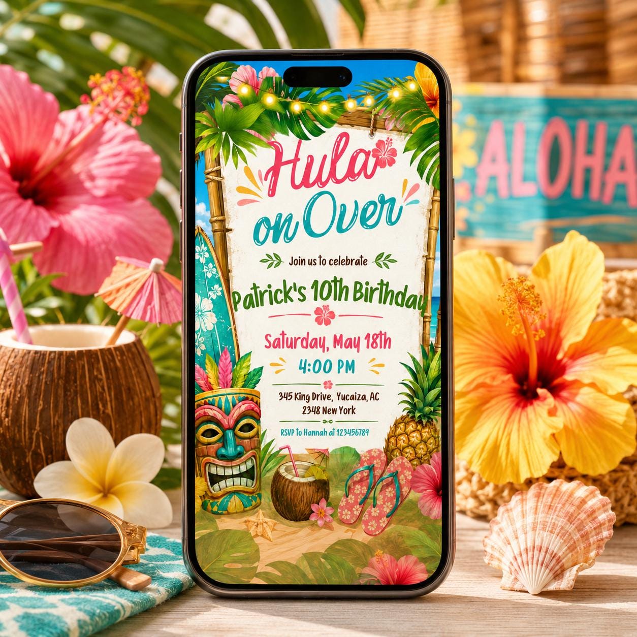 Hula On Over Birthday Invitation, Colorful Tropical LUAU Party Invite, Hawaiian theme, Aloha party invitation, Editable Canva Template - Image 6