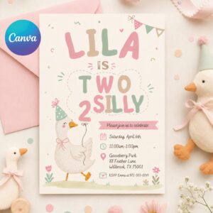 Two silly birthday invitation, 2nd birthday girl digital invite, Pink birthday party evite, Goose on the loose, Silly Goose invitation Canva
