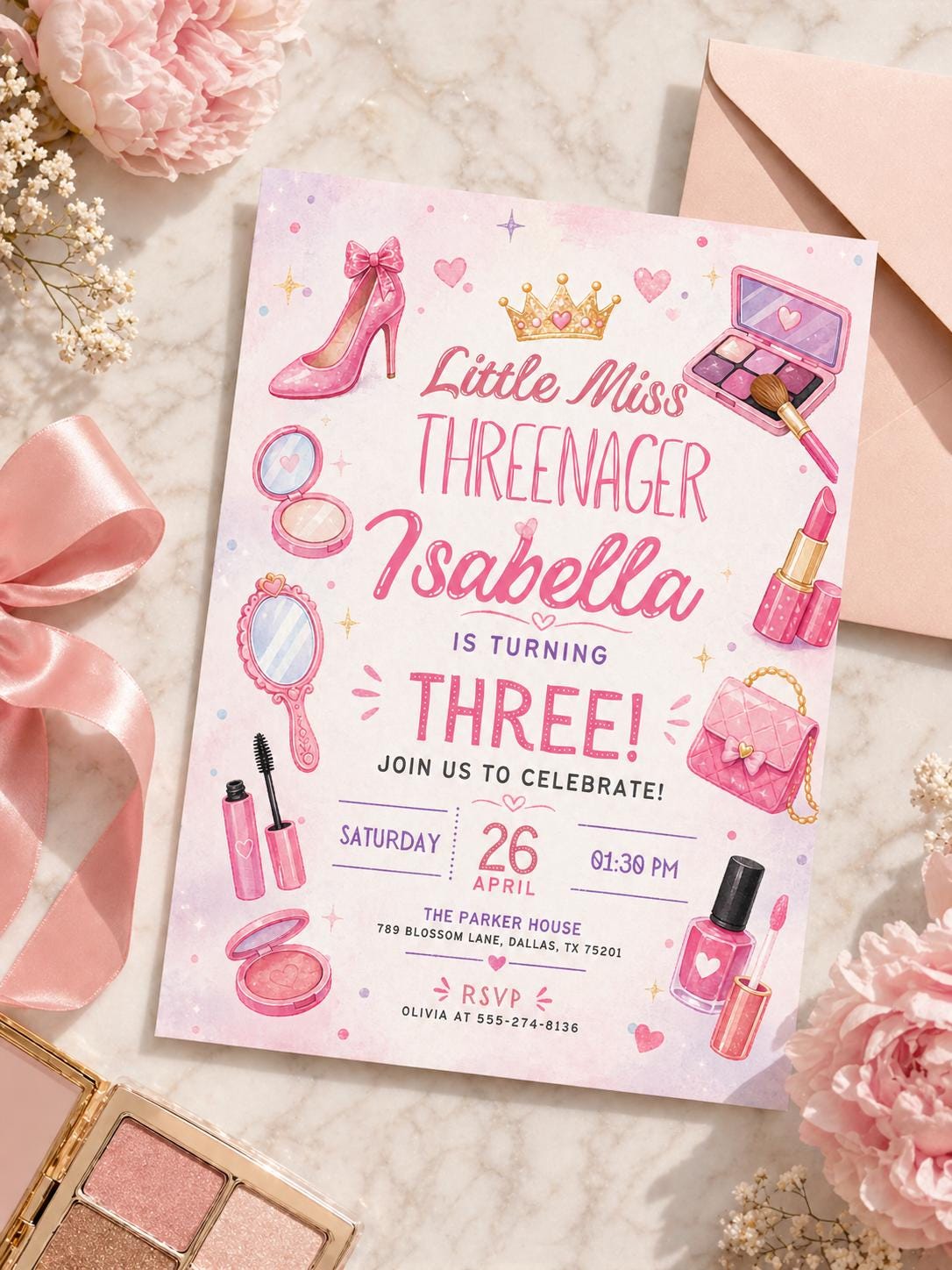 Fashion & Makeup Miss Threenager Birthday Party Invitation Card Template, Digital Girls Spa 3rd Birthday Invite (Canva template) - Image 3