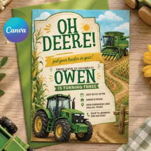 Editable Tractor Birthday Invitation, Green Tractor Ranch Party Invite For Boy Girl Printable Tractor Farm Kid Birthday Evite Canva Template