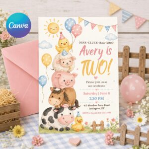 Farm 2nd Birthday Invitation, Two Year Old Birthday Farm Invitation, Farm Animal Birthday Party Invite Printable Oink Cluck Baa Moo, Canva