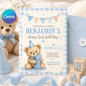 Beary First Birthday Invitation, Bear Birthday Invite, Teddy Bear First Birthday, 1st Birthday Boy, Beary 1st Birthday Party Invite, Canva