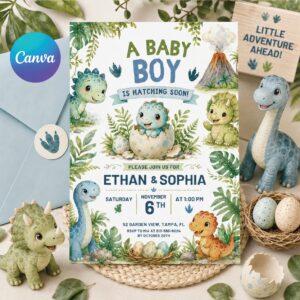 Hatching Soon Baby Shower Invitation,Editable Baby Dino Boy Invite,Dinosaur Egg Couples Template, Editable Canva Template