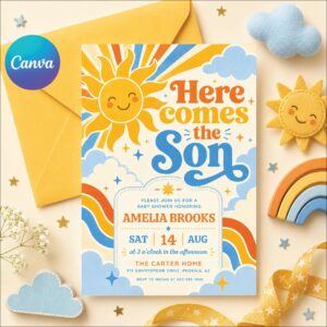 Retro Sun Baby Shower Invitation , Here Comes the Son Invite, Groovy Retro Baby Boy Sun Sunshine Baby Shower Invite, Boy Boho Sonshine Canva