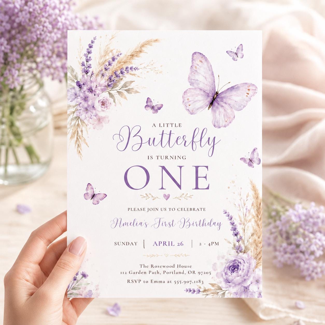 Butterfly First Birthday Invitation, Baby Girl 1st Birthday Editable Invite Template, Butterflies and Flowers Party Printable Canva Template - Image 4