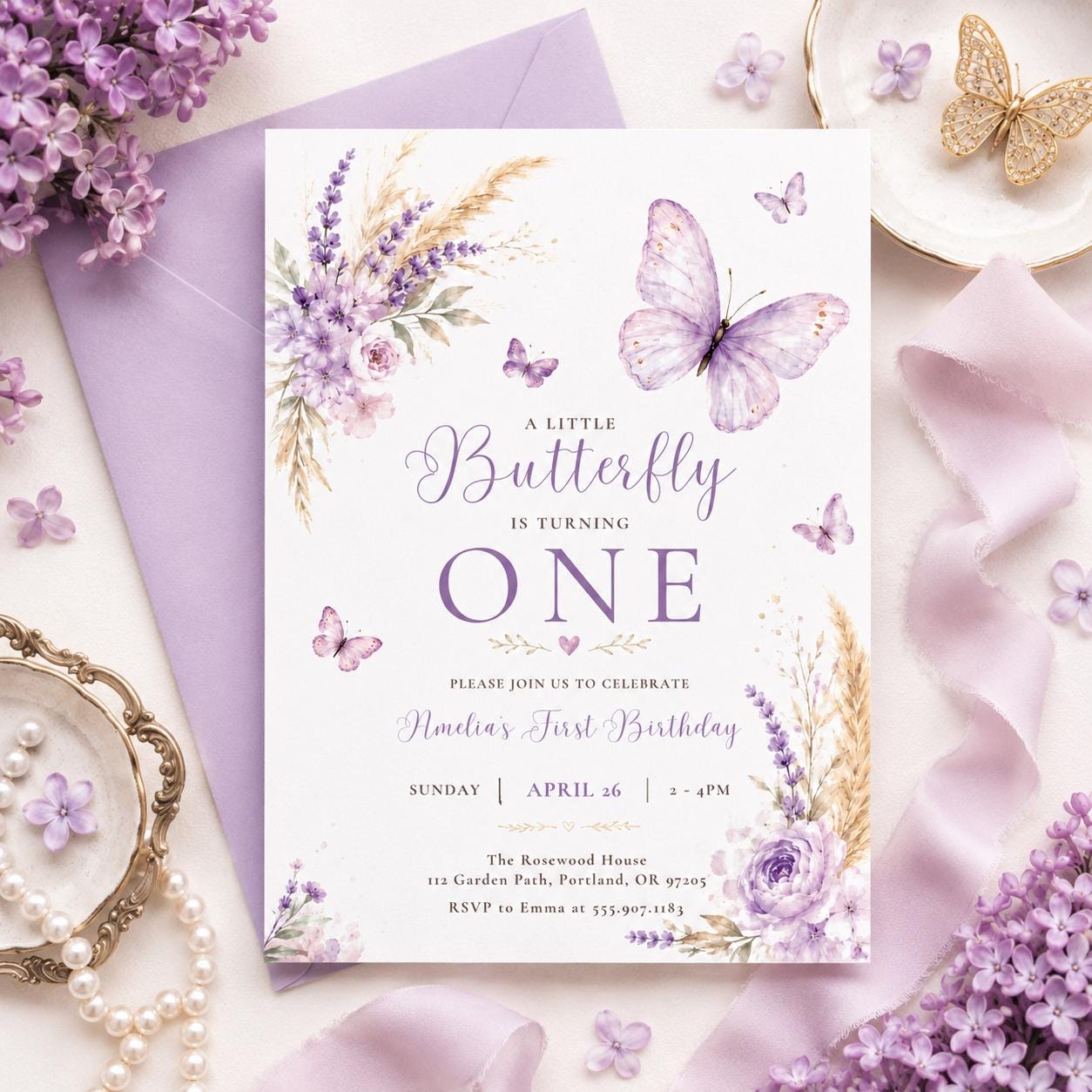 Butterfly First Birthday Invitation, Baby Girl 1st Birthday Editable Invite Template, Butterflies and Flowers Party Printable Canva Template - Image 2