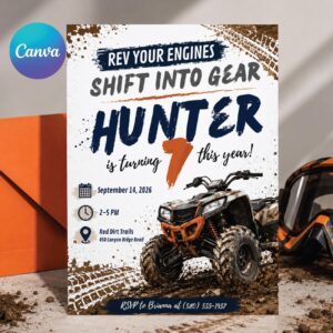 Muddy ATV Birthday Invitation, Two Fast ATV Birthday Invitation, Mud Theme, Boy 2nd Birthday, Shifting into THIRD gear Monster Truck 3rd