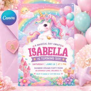 Editable Unicorn Birthday Invitation Magical Pastel Rainbow Unicorn Birthday Party Whimsical Fairytale Unicorn Princess Canva Template