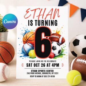 Sports Birthday Invitation, Editable Canva Template, Printable All-Star Party Invite, Multi-Sport Theme Birthday Card for Kids