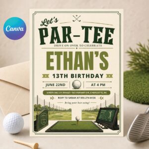 Golf Birthday Invitation, Let's Par Tee Golf Birthday Invite, Golf Birthday Party Invites, Editable 5x7 Canva Template