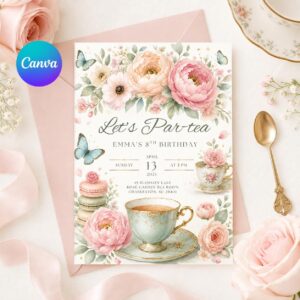 Editable Tea Party Birthday Invitation, Par-tea Invitation, Girl Par-tea Invite, Pink Gold Whimsical Tea Party, Canva Template