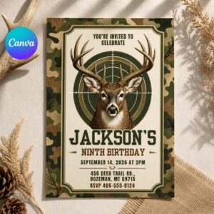 Deer Hunting Birthday Invitation, Deer Birthday Invitation, Deer Birthday Invite, Woodland Invite, Outdoor Invite, Editable Canva Template