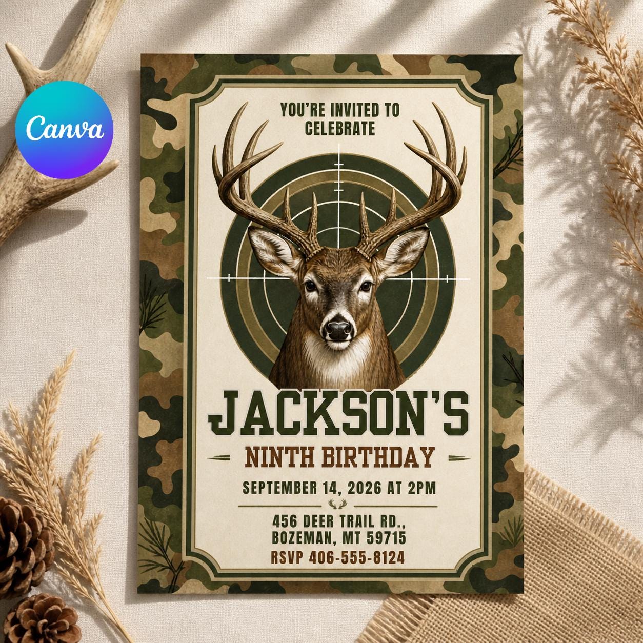 Deer Hunting Birthday Invitation, Deer Birthday Invitation, Deer Birthday Invite, Woodland Invite, Outdoor Invite, Editable Canva Template