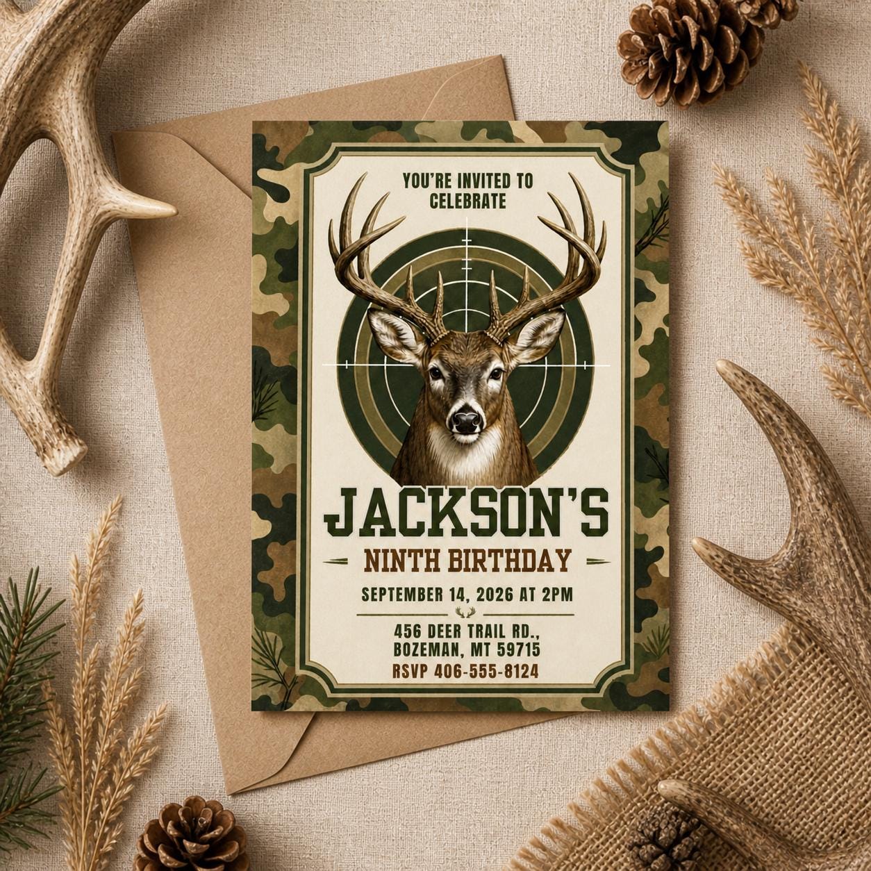 Deer Hunting Birthday Invitation, Deer Birthday Invitation, Deer Birthday Invite, Woodland Invite, Outdoor Invite, Editable Canva Template - Image 3