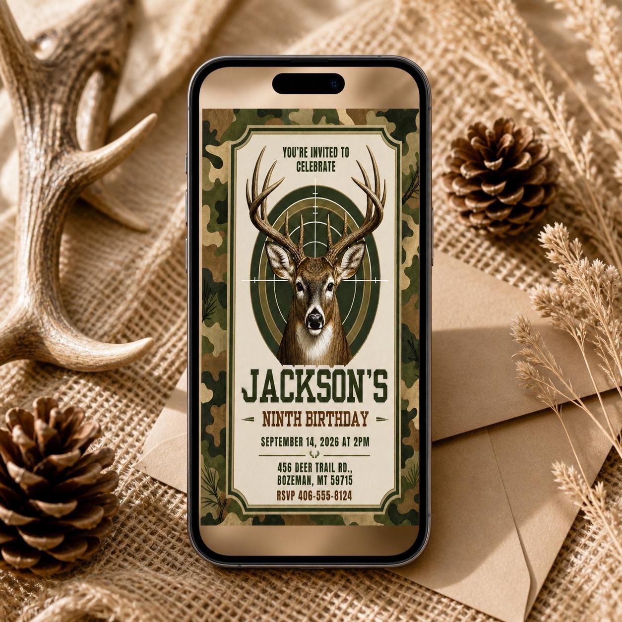 Deer Hunting Birthday Invitation, Deer Birthday Invitation, Deer Birthday Invite, Woodland Invite, Outdoor Invite, Editable Canva Template - Image 4