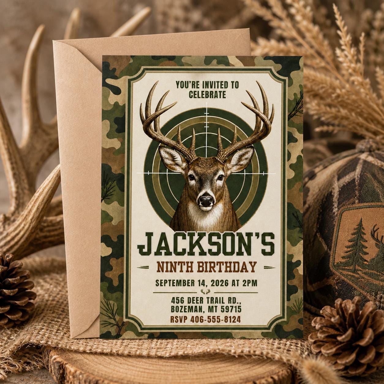 Deer Hunting Birthday Invitation, Deer Birthday Invitation, Deer Birthday Invite, Woodland Invite, Outdoor Invite, Editable Canva Template - Image 5
