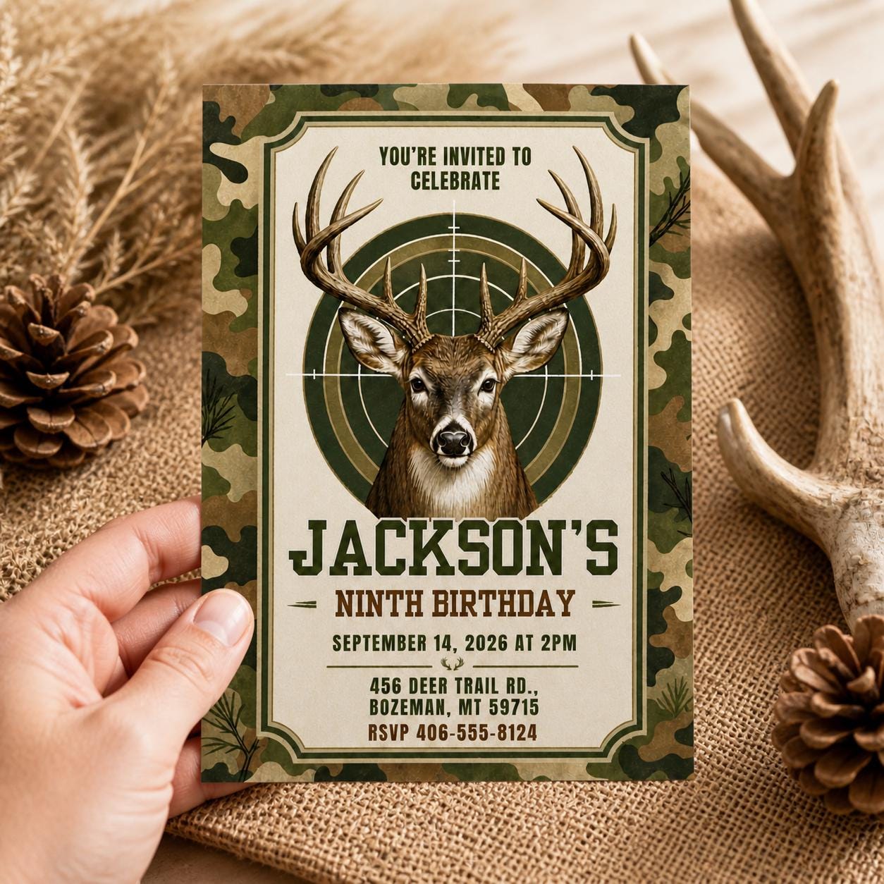 Deer Hunting Birthday Invitation, Deer Birthday Invitation, Deer Birthday Invite, Woodland Invite, Outdoor Invite, Editable Canva Template - Image 6