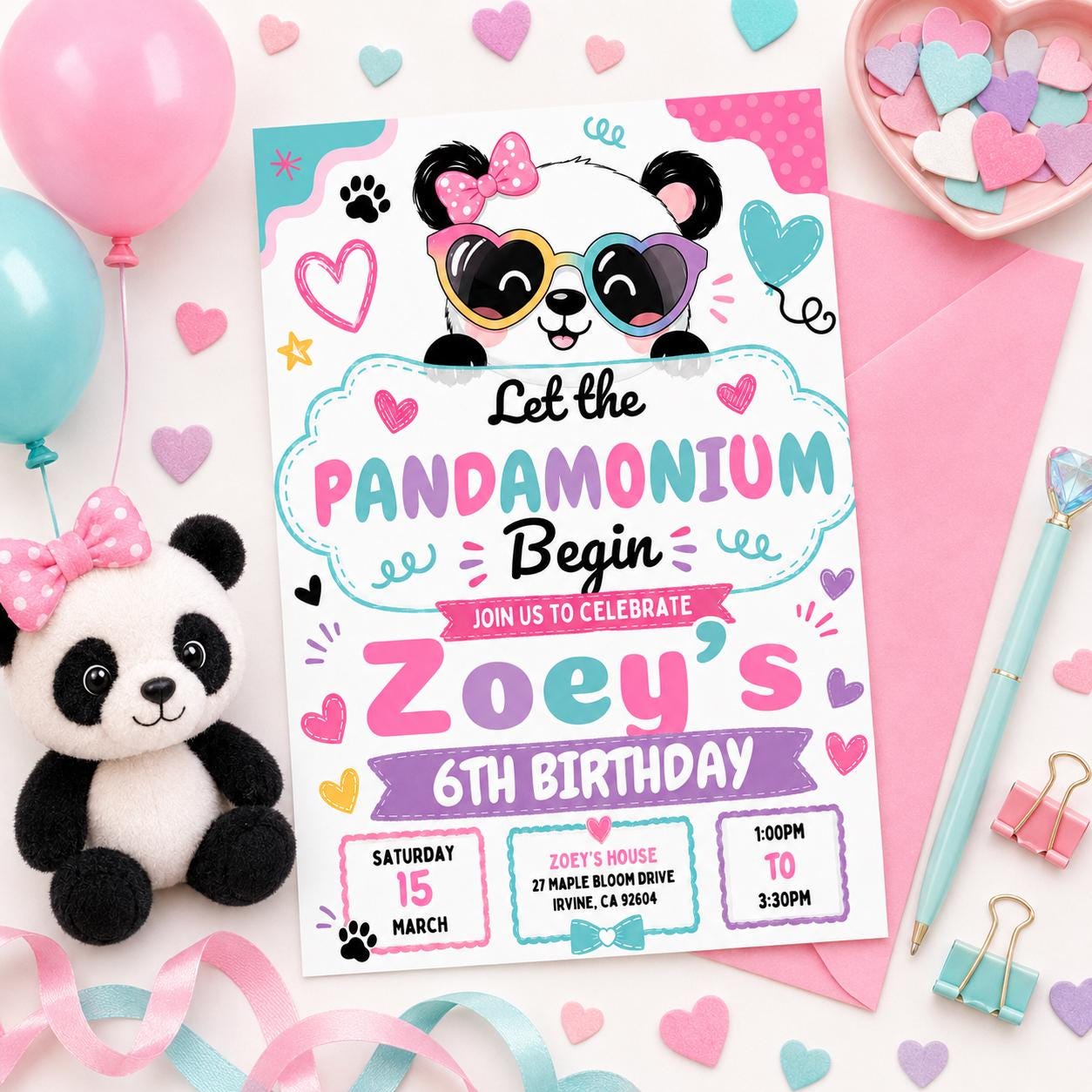 Panda Birthday Invitation Girl, Pandamonium 6th Birthday Invite, Cute Panda Party Canva Template, Editable Kids Birthday Printable, Canva - Image 5