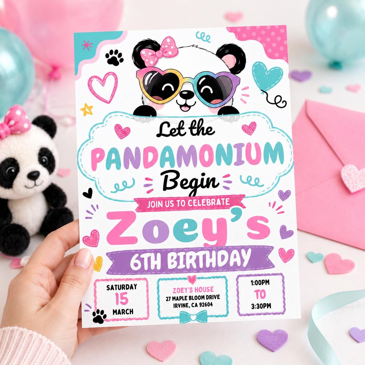 Panda Birthday Invitation Girl, Pandamonium 6th Birthday Invite, Cute Panda Party Canva Template, Editable Kids Birthday Printable, Canva - Image 6