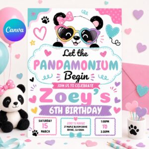 Panda Birthday Invitation Girl, Pandamonium 6th Birthday Invite, Cute Panda Party Canva Template, Editable Kids Birthday Printable, Canva