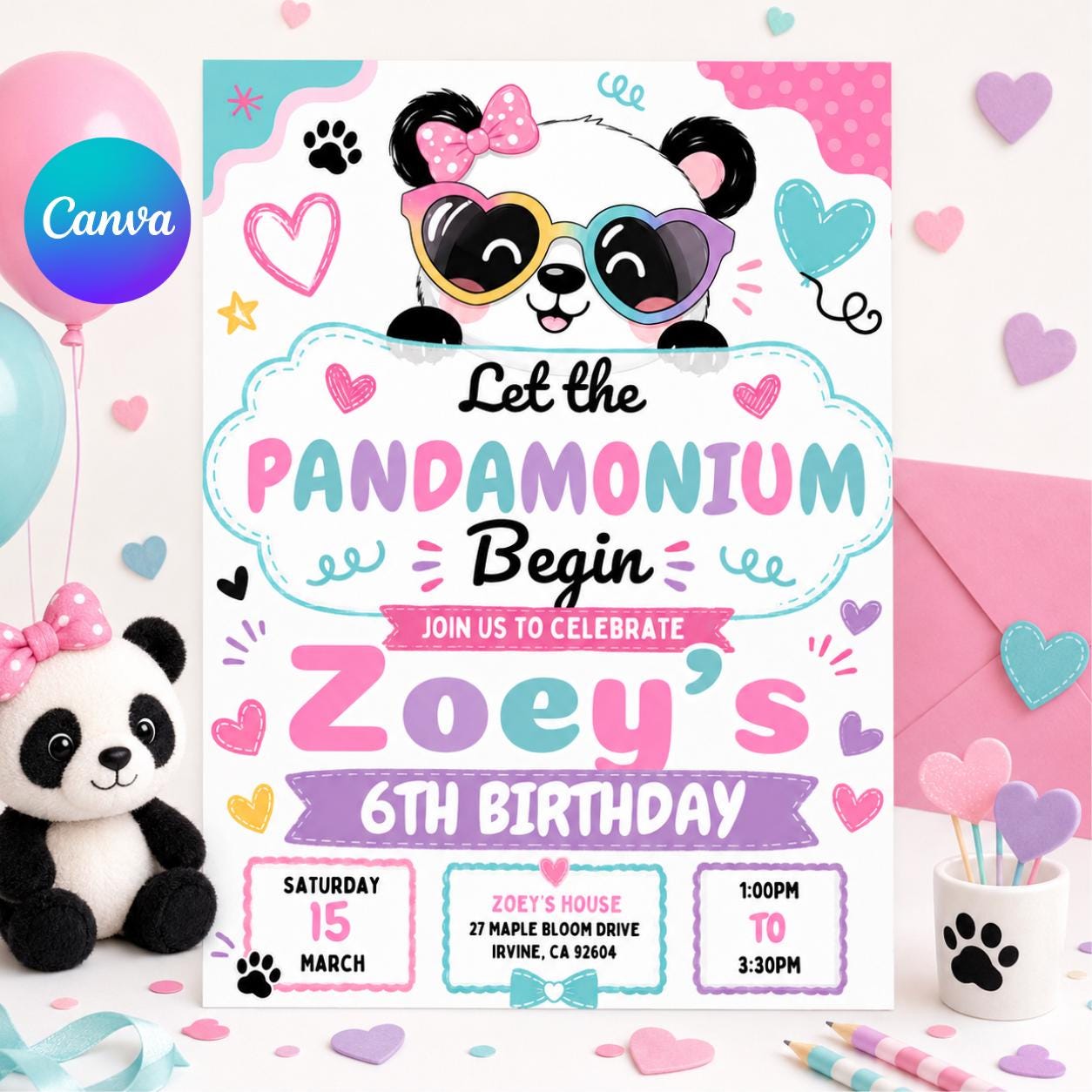 Panda Birthday Invitation Girl, Pandamonium 6th Birthday Invite, Cute Panda Party Canva Template, Editable Kids Birthday Printable, Canva