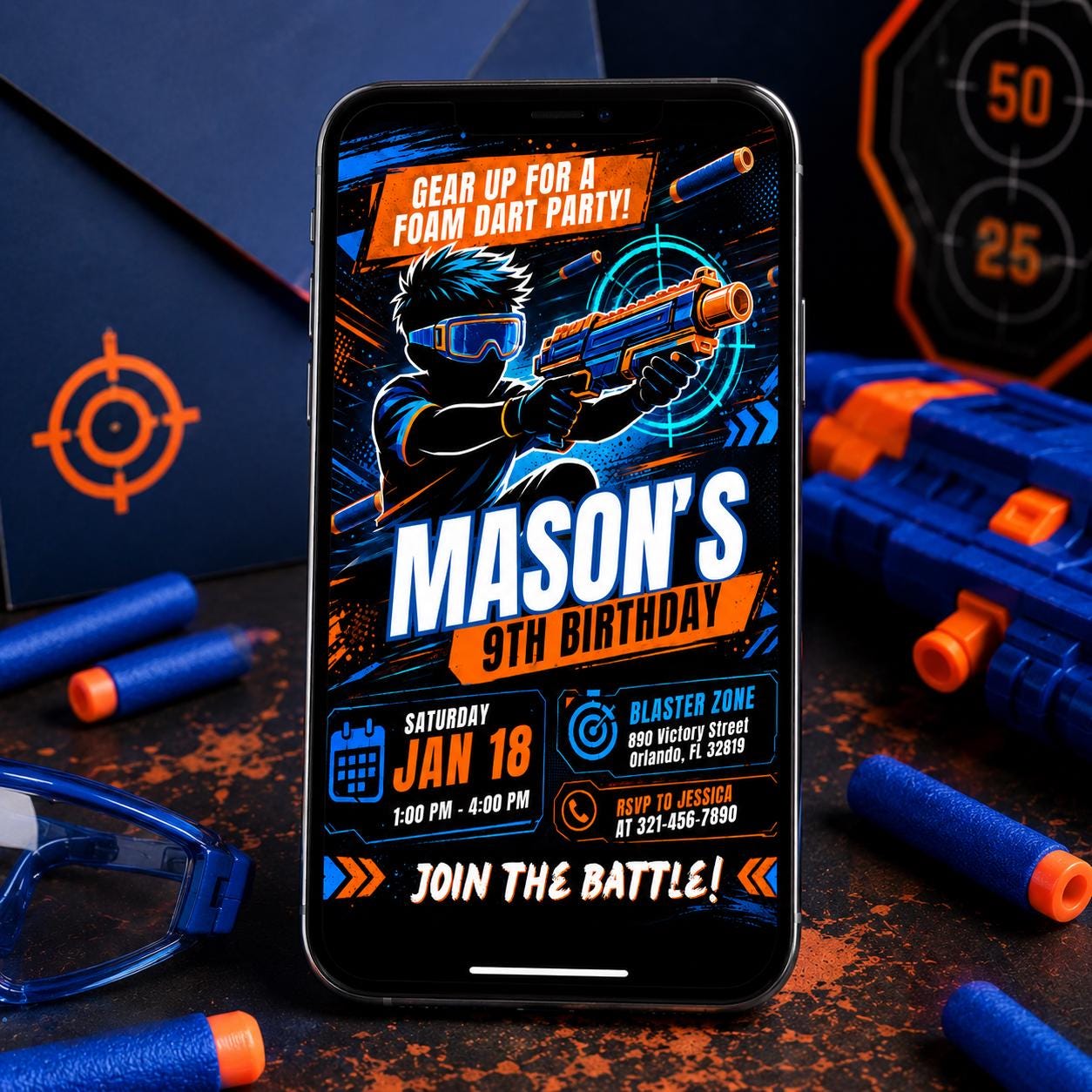 Blaster Birthday Invitation, Dart Battle Party Invite, Ready Aim Party Theme, Editable Canva Template - Image 4