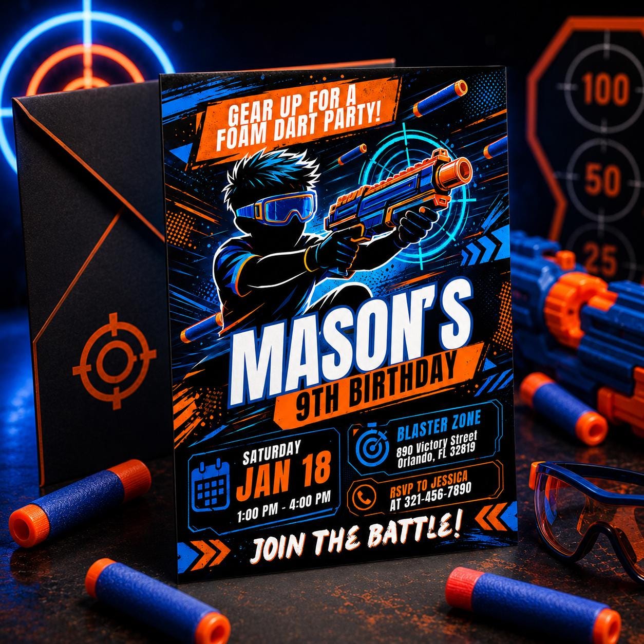 Blaster Birthday Invitation, Dart Battle Party Invite, Ready Aim Party Theme, Editable Canva Template - Image 5