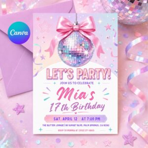 Editable Disco Party Birthday Invite, Silver Black and Sparkles Invite, Disco Ball Birthday Party, Dance Party Template, Let's Disco Canva