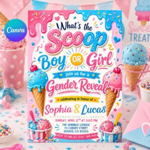 Gender Reveal Invitation Template, Ice Cream Scoop Theme, Ice Cream Gender Reveal Invite, What's The Scoop Party, Baby Boy Or Girl He Or She