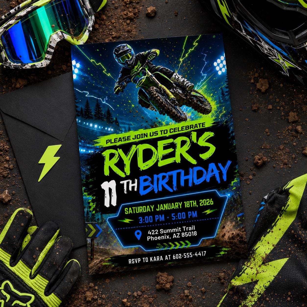 Motocross Birthday Invitation Template, Editable Canva Motocross Party Invite for Kids, Dirt Bike Birthday Theme, Editable Canva Template - Image 3