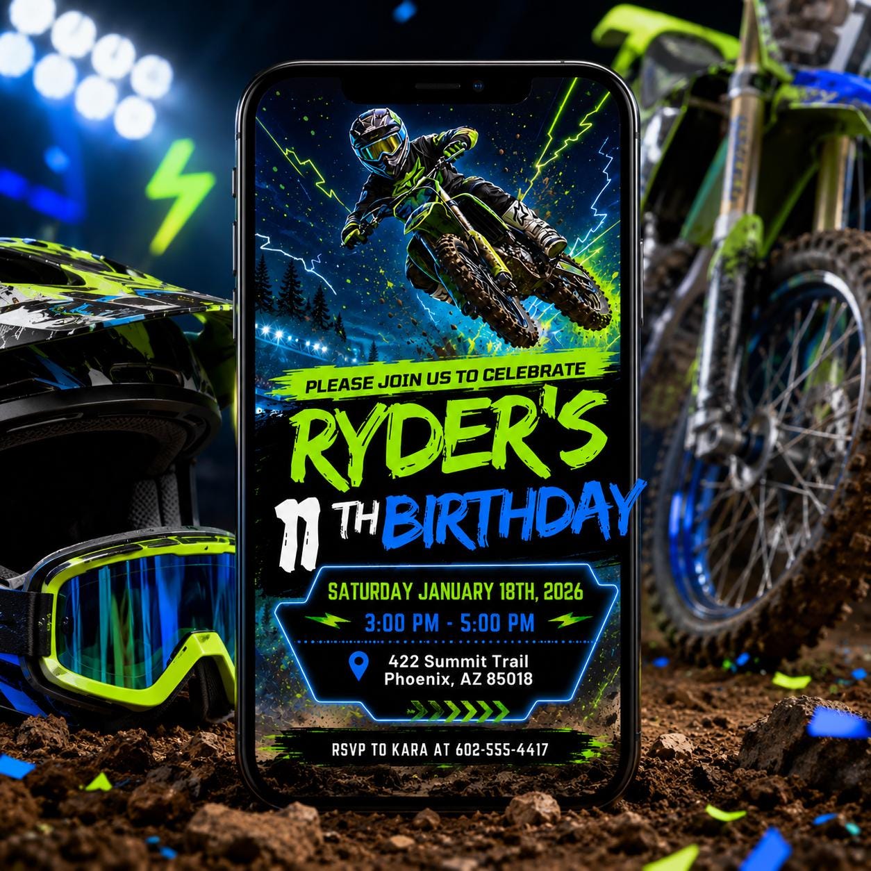 Motocross Birthday Invitation Template, Editable Canva Motocross Party Invite for Kids, Dirt Bike Birthday Theme, Editable Canva Template - Image 6
