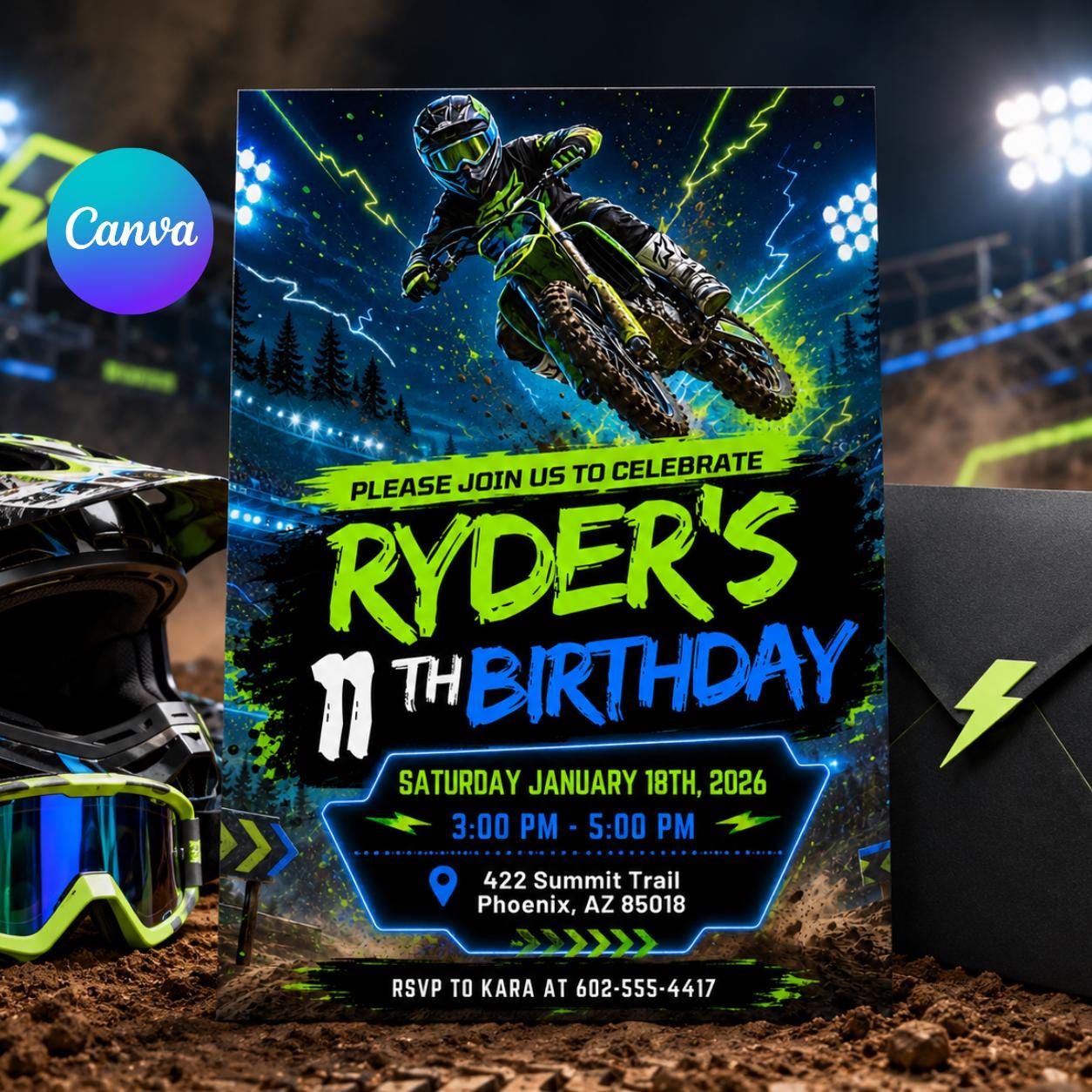 Motocross Birthday Invitation Template, Editable Canva Motocross Party Invite for Kids, Dirt Bike Birthday Theme, Editable Canva Template