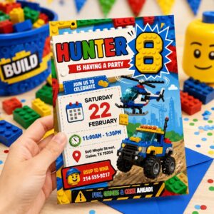 Editable Construction Birthday Invitation, Building Blocks Truck Party Canva Template, Kids Brick Invite