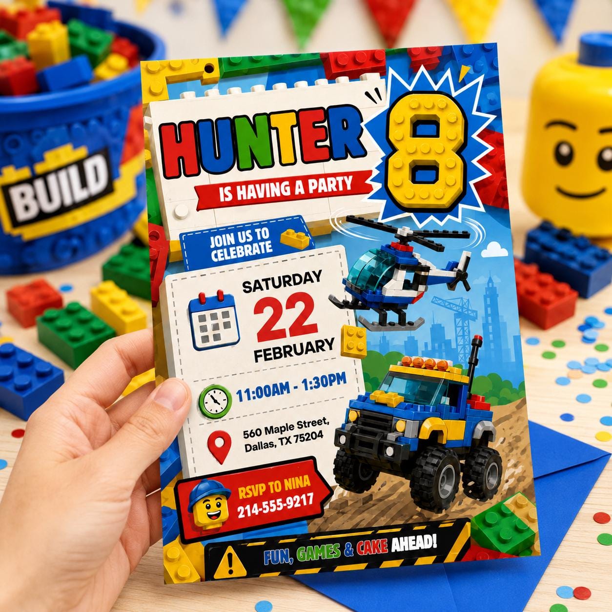 Editable Construction Birthday Invitation, Building Blocks Truck Party Canva Template, Kids Brick Invite
