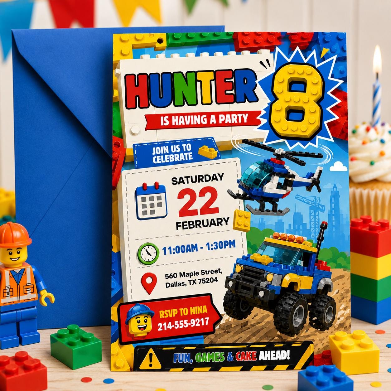 Editable Construction Birthday Invitation, Building Blocks Truck Party Canva Template, Kids Brick Invite - Image 2