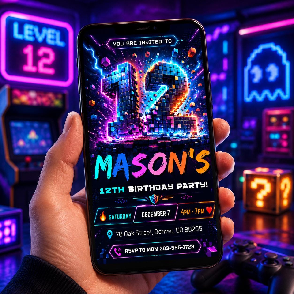 12th Birthday Invitation, Boy Invitation, Boy Birthday Invites, Editable Invitation, Boy 12th Birthday, Neon Cyber Party Template Canva - Image 3