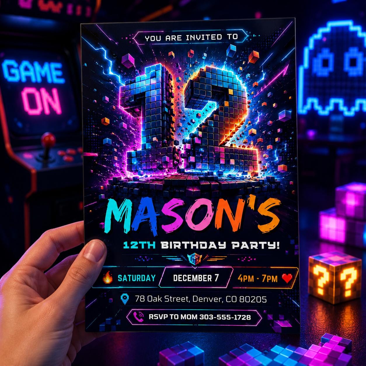 12th Birthday Invitation, Boy Invitation, Boy Birthday Invites, Editable Invitation, Boy 12th Birthday, Neon Cyber Party Template Canva - Image 6