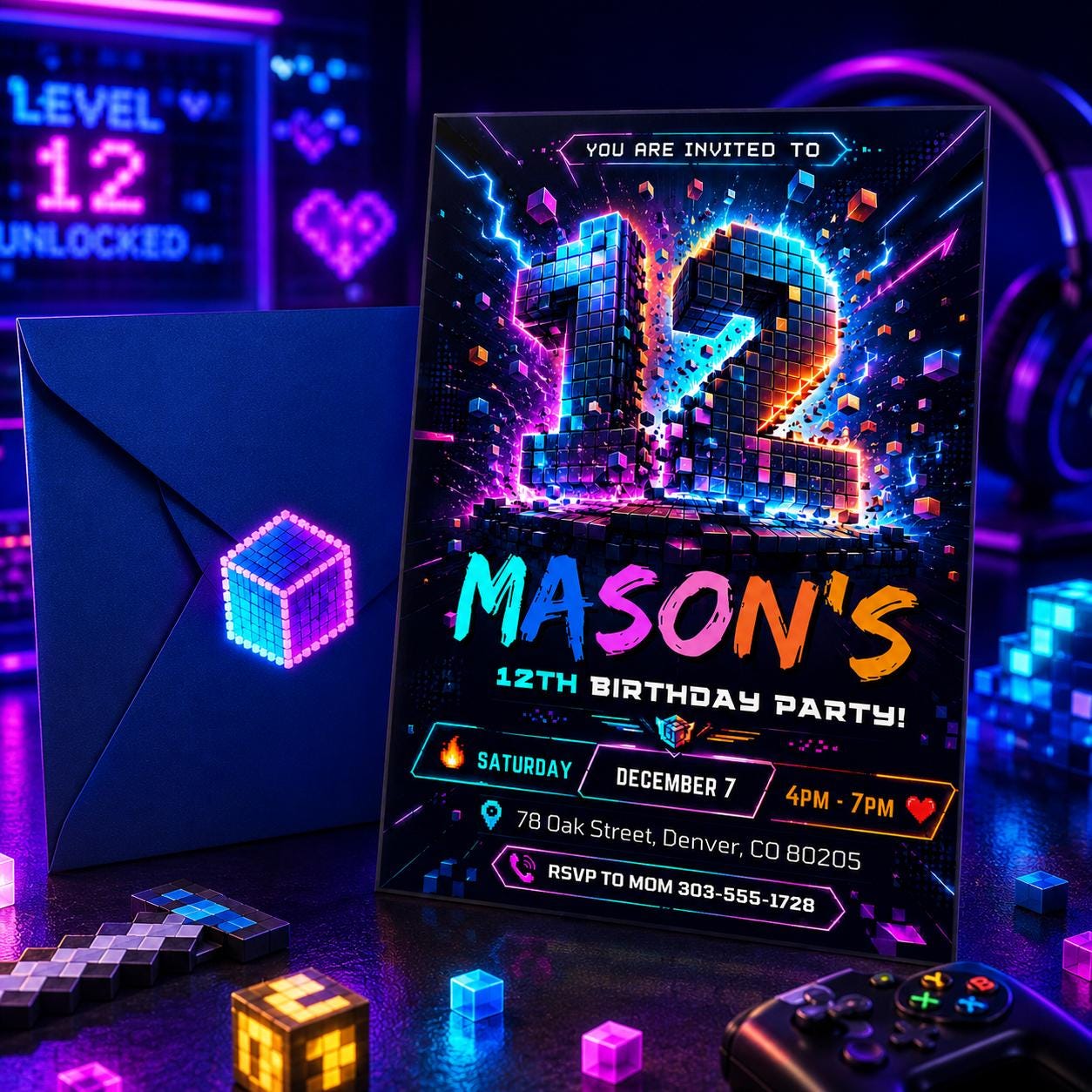 12th Birthday Invitation, Boy Invitation, Boy Birthday Invites, Editable Invitation, Boy 12th Birthday, Neon Cyber Party Template Canva - Image 4