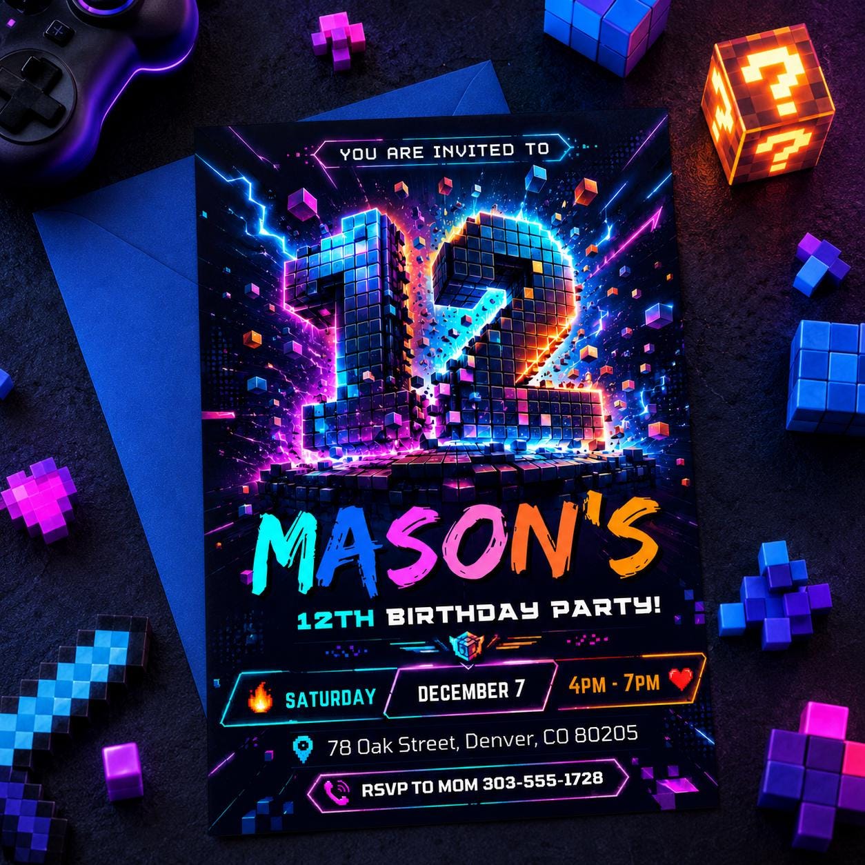 12th Birthday Invitation, Boy Invitation, Boy Birthday Invites, Editable Invitation, Boy 12th Birthday, Neon Cyber Party Template Canva - Image 5