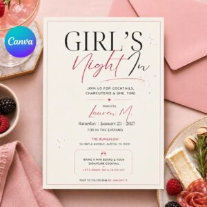 Girl's Night In Invitation, Birthday Party Invitation, Editable Canva Template, Pink Birthday Invite,  Bachelorette Party Invite,