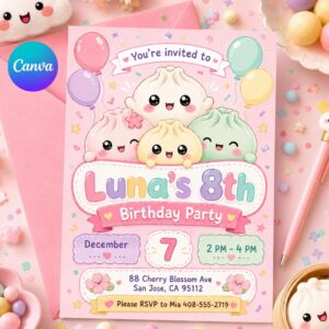 Kawaii Dumpling Birthday, Little Dumplin’ Birthday Invitation, Squishy Dumpling Party Invite, Cute Kawaii Kids Birthday, Canva Invitation